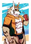  2019 5_fingers anthro beach beverage biped brown_body brown_fur canid canine canis clothed clothing cloud fingers fur green_eyes hi_res holding_beverage holding_object humanoid_hands jackal kanisorn male mammal muscular muscular_male open_shirt outside sea seaside seth_(tas) signature sky speedo swimwear tokyo_afterschool_summoners video_games water white_body white_fur 