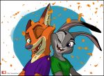  anthro buckteeth canid canine clothed clothing dipstick_ears disney duo female fox fur green_eyes grey_body grey_fur grin judy_hopps lagomorph leporid link6432 male mammal multicolored_ears nick_wilde one_eye_closed orange_body orange_fur purple_eyes rabbit red_fox shirt smile teeth topwear zootopia 