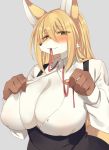  2019 4_fingers anthro big_breasts black_nose blonde_hair blush breasts brown_body brown_fur canid canine cheek_tuft cleavage clothed clothing dipstick_ears female fingers fox fur hair half-length_portrait inner_ear_fluff kemono long_hair looking_at_viewer mammal multicolored_ears nipple_outline open_shirt portrait sgsix simple_background solo tuft white_body white_fur yellow_body yellow_eyes yellow_fur 