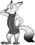  anthro canid canine clothed clothing dipstick_ears dipstick_tail disney fox fur gloves_(marking) greyscale leg_markings male mammal markings monochrome multicolored_ears multicolored_tail nick_wilde numbro pose simple_background socks_(marking) solo standing sweater topwear virgin_killer_sweater white_background zootopia 