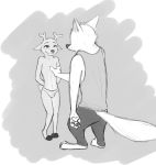  al_(weaver) ambiguous_gender anthro barefoot bottomwear bulge canid canine canis cervid clothed clothing crossdressing crossgender disney duo fur hands_behind_back hooves looking_at_another male mammal numbro pack_street pants shirt standing tank_top topless topwear underwear velvet_roe_(weaver) white_body white_fur wolf zootopia 