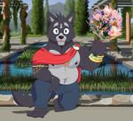  2019 adastra amicus_(adastra) anthro architecture biceps black_body black_fur blue_eyes body_hair bottomwear bouquet bulge canid canine canis cape claws clothing countershading fangs flower fur grass grey_body grey_fur grumpybluehusky happy happy_trail hi_res kneeling looking_at_viewer male mammal multicolored_body multicolored_fur musclegut muscular muscular_male nipples open_mouth outside pants pecs piercing plant royalty smile solo tree two_tone_body two_tone_fur vines water wolf 