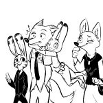  1:1 anthro black_and_white buckteeth canid canine cellphone clothed clothing dipstick_ears disney female fox group jack_savage jewelry judy_hopps lagomorph leporid male mammal monochrome multicolored_ears necklace necktie nick_wilde one_eye_closed phone police_uniform rabbit replytoanons shirt simple_background sketch skye_(zootopia) suit t-shirt teeth topwear uniform walking white_background zootopia 