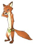  anthro bulge canid canine claws clothed clothing dipstick_ears dipstick_tail disney fox fur gloves_(marking) half-closed_eyes leg_markings male mammal markings multicolored_ears multicolored_tail nick_wilde numbro orange_body orange_fur red_fox simple_background socks_(marking) solo standing topless underwear white_background white_body white_fur zootopia 
