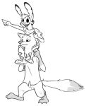  anthro barefoot bottomwear buckteeth canid canine carrying clothed clothing dipstick_tail disney duo facial_markings fox gloves_(marking) head_markings head_tuft jack_savage lagomorph leporid male mammal markings multicolored_tail nick_wilde numbro pants pointng rabbit shirt simple_background sketch teeth topwear white_background zootopia 