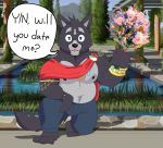  2019 adastra amicus_(adastra) anthro architecture biceps black_body black_fur blue_eyes body_hair bottomwear bouquet bulge canid canine canis cape claws clothing countershading dialogue english_text fangs flower fur grass grey_body grey_fur grumpybluehusky happy happy_trail hi_res kneeling looking_at_viewer male mammal multicolored_body multicolored_fur musclegut muscular muscular_male nipples open_mouth outside pants pecs piercing plant royalty smile solo speech_bubble text tree two_tone_body two_tone_fur vines water wolf 