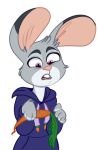  ambiguous_gender anthro buckteeth carrot clothed clothing dipstick_ears disney food fur grey_body grey_fur holding_object hoodie judy_hopps lagomorph leporid mammal multicolored_ears myfuckinggodimtrash plant purple_eyes rabbit simple_background solo teeth topwear vegetable white_background zootopia 