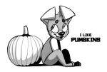  ambiguous_gender anthro black_and_white blush canid canine canis clothing cub domestic_dog english_text food fruit kom komdog mammal monochrome plant pumpkin shirt simple_background smile solo text tongue topwear young 