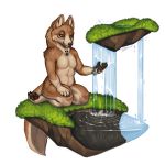  1:1 2016 4_toes 5_fingers anthro blue_eyes canid canine canis digital_media_(artwork) female fingers fur grass katie_hofgard mammal simple_background solo tan_body tan_fur toes water waterfall white_background wolf 