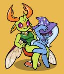 2019 anthro anthrofied arthropod blush breasts chair changeling clothed clothing cutie_mark duo equid equine eyes_closed eyeshadow friendship_is_magic furniture hat headgear headwear hi_res horn insect_wings lapdance makeup mammal my_little_pony nipple_outline nude purple_eyes purple_eyeshadow sitting skimpy thorax_(mlp) toonbat trixie_(mlp) wings 