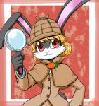  2019 anthro clothed clothing detective female gouguru_(artist) headgear headwear holding_object lagomorph leporid looking_at_viewer magnifying_glass mammal rabbit smile solo 