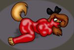  2019 anthro bdsm black_bow bomdage bound bow brown_hair canid canine canis disney dixie domestic_dog female folwilliar fox_and_the_hound hair latex_catsuit mammal red_latex rubber 