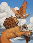  2016 4_toes 5_fingers avian canid canine claws day detailed_background digital_media_(artwork) duo felid feral fingers hybrid katie_hofgard lion mammal outside pantherine sky toes 