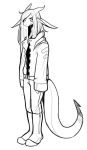  2019 ambiguous_gender anthro biped boots bottomwear clothed clothing digital_media_(artwork) dipstick_tail dragon footwear full-length_portrait fully_clothed grimace hair hi_res horn jacket long_ears long_hair long_tail looking_at_viewer monochrome multicolored_tail pants portrait reptile scalie simple_background solo standing thick_tail topwear white_background zkelle 