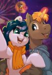 2018 atryl blue_clothing blue_eyes blue_hair brown_body brown_fur carnival clothed clothed_feral clothing depth_of_field detailed_background digital_media_(artwork) duo earth_pony engagement_ring equid equine eyebrow_through_hair eyebrows fan_character female feral ferris_wheel front_view fur glowing glowing_horn green_eyes hair happy hi_res hoodie hooves horn horse hug long_hair looking_at_viewer magic male male/female mammal my_little_pony night open_mouth orange_hair orange_hooves outside patreon pink_tongue pony proposal ring scarf selfie signature sky smile star starry_sky teeth text tongue topwear translucent translucent_hair unicorn unicorn_horn url white_body white_fur 