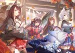  akagi_(azur_lane) amagi_(azur_lane) animal_ears anthropomorphism autumn azur_lane black_hair blue_eyes brown_hair fan foxgirl group japanese_clothes joehongtee kaga_(azur_lane) leaves long_hair multiple_tails red_eyes short_hair taihou_(azur_lane) tail thighhighs torii twintails umbrella white_hair zettai_ryouiki 