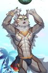  2019 5_fingers abs absurd_res anthro beach bracelet bulge canid canine canis claws clothing fingers food fruit green_eyes hair hi_res jackal jewelry long_hair male mammal mane mane_hair melon muscular muscular_male navel palm_tree pecs plant seaside seth_(tas) solo speedo sport standing swimwear tokyo_afterschool_summoners tree ty_arashi video_games volleyball watermelon 