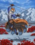  2016 4_toes 5_fingers barefoot black_lips black_nose canid canine day detailed_background digital_media_(artwork) digitigrade fingers fox fur hi_res holding_object holding_sword holding_weapon katie_hofgard lips mammal melee_weapon multi_tail open_mouth orange_body orange_fur outside sky sword teeth toes weapon 