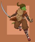  2019 alligator alligatorid amputee anthro brown_hair clothing crocodilian dr_zombie green_body green_skin hair hi_res melee_weapon prosthetic_arm reptile russie scalie scarf simple_background sword weapon 