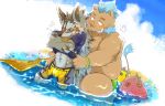  2019 abs absurd_res anime beach blue_hair blush bottomwear brown_body brown_fur bulge canid canine canis clothing cloud day fur goo_creature gouryou grey_body grey_fur grin hair hi_res jackal male male/male mammal multicolored_body multicolored_fur muscular namiki_te open_mouth outside overweight seaside seth_(tas) shorts sky slime smile speedo suid suina sus_(pig) swimwear tokyo_afterschool_summoners two_tone_body two_tone_fur undressing video_games water wild_boar 