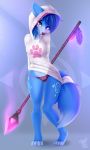  2019 4_toes anthro blue_eyes blue_hair blush canid canine clothing female fox hair hands_behind_back hi_res hoodie krystal looking_at_viewer mammal melee_weapon nintendo omiart polearm smile solo spear star_fox toes topwear underwear video_games weapon 