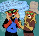  2018 alien anthro black_nose blue_background blush bodily_fluids brak clothed clothing dialogue digital_drawing_(artwork) digital_media_(artwork) duo english_text fangs felid fur gloves green_sclera handwear hanna-barbera happy male male/male mammal missuspatches red_body red_fur simple_background sisto space_ghost_(series) sweat sweatdrop text uniform 