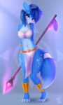  2019 4_toes anthro blue_eyes blue_hair blush canid canine clothing female fox hair hands_behind_back hi_res krystal looking_at_viewer mammal melee_weapon navel nintendo omiart polearm smile solo spear star_fox toes translucent translucent_clothing video_games weapon 