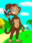  2019 4_fingers anthro balloon biped black_eyebrows black_eyelashes black_eyes bloons_tower_defense blue_sky breasts brown_body brown_breasts brown_ears brown_fur brown_hair brown_nose brown_tail casual_nudity cloud dart dart_monkey day detailed_background eyebrows eyelashes featureless_breasts featureless_crotch female fingers flat_colors fur hair hand_feet haplorhine holding_dart holding_object hut looking_at_viewer mammal monkey navel ninja_kiwi nude outside palm_tree path primate red_balloon sdych signature sky slope small_breasts smile solo standing tree year 