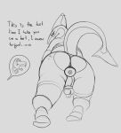  2019 anthro balls butt chastity_cage chastity_device clothing digital_media_(artwork) fish hi_res looking_at_viewer male marine nsfsushi penis piercing shark simple_background sketch solo 