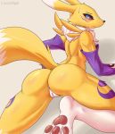  3_toes anthro anus black_sclera blue_eyes blush breasts butt clothing cooliehigh digimon digimon_(species) female fur gloves handwear hi_res looking_at_viewer looking_back lying mammal pawpads paws pussy renamon solo toes under_boob yellow_body yellow_fur 