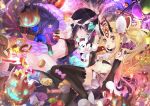  2girls ass black_hair blonde_hair bow candy demon fate/grand_order fate_(series) halloween horns ibaraki_douji_(fate) lollipop long_hair nakasaku-p navel nopan pointed_ears pumpkin purple_eyes shuten_douji_(fate) tattoo twintails wink yellow_eyes 