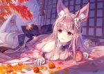  animal_ears blonde_hair breasts cleavage foxgirl long_hair original red_eyes sanbasou signed tail thighhighs 