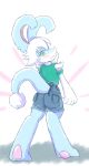  2019 4_fingers anthro blue_body blue_fur blush bottomwear clothed clothing denim denim_clothing digital_media_(artwork) eyelashes female fingers flopsy_(unknownlifeform) full-length_portrait fully_clothed fur green_clothing green_eyes green_topwear hair hi_res jeans long_ears long_tail looking_at_viewer pants pawpads pink_pawpads portrait rear_view shadow simple_background solo standing topwear unknownlifeform white_background white_body white_fur white_hair 