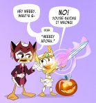  2019 adora anatid anseriform anthro avian bird bottomless catra child clothed clothing cosplay costume crossover cub dialogue disney duck ducktales ducktales_(2017) english_text food fruit halloween hi_res holding_object holding_weapon holidays lena_(ducktales) melee_weapon pixelkitties plant princesses_of_power pumpkin purple_background she-ra simple_background smile sword teenager text weapon webby_vanderquack young 