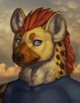  2016 anthro brown_nose day digital_media_(artwork) fur headshot_portrait hyaenid katie_hofgard looking_at_viewer male mammal outside portrait sky smile solo spotted_hyena yellow_body yellow_fur 