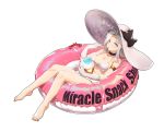  animal aqua_eyes barefoot bikini blush bow choker crab elbow_gloves food gloves gray_hair hat long_hair miracle_snack_shop navel peachpa philia_salis swim_ring swimsuit white 