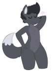  &lt;3 2016 acstlu anthro canid canine dipstick_tail eyes_closed featureless_crotch fox fur girly grey_body grey_fur hi_res male mammal multicolored_tail nude phurcy pompadour pose simple_background solo thick_thighs white_background white_body white_fur wide_hips 