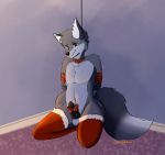  anthro arms_bound bdsm bell bondage bound canid canine clothed clothing collar digital_media_(artwork) erection fox hi_res knot legwear male mammal penis ribbons solo starrffax starrffax_(fox_sona) stockings thigh_highs topless 
