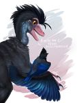  2018 ambiguous_gender avian beak bird blue_body blue_feathers brown_eyes digital_media_(artwork) dinosaur dromaeosaurid duo feathers feral hi_res k-dromka reptile scalie smile teeth theropod 