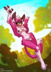  4_fingers anthro atryl beak breasts brown_nipples female fingers fur furby furby_(species) green_eyes hand_behind_head hi_res navel nipples nude patreon pink_body pink_fur solo text tongue tongue_out url watermark 