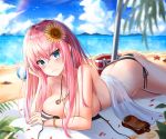  aqua_eyes beach blush breasts lkeris long_hair necklace original petals pink_hair swimsuit wet wristwear 