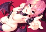  blush breasts demon dosu_(doseven) horns navel nipples nude original pink_hair pointed_ears purple_eyes short_hair succubus tail thighhighs wings 