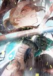  1boy 1girl blonde_hair clenched_teeth close-up dark_blue_hair duel fate/grand_order fate_(series) fighting gradient gradient_background highres holding holding_sword holding_weapon iris_(tb33064667) japanese_clothes kimono okita_souji_(fate) okita_souji_(koha/ace) out_of_frame ponytail rain reflection saitou_hajime_(fate) scarf sparks sword teeth wavy_hair weapon yellow_eyes 