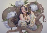  animal black_eyes black_hair breasts cleavage cropped flowers gray hoodie long_hair love_cacao necklace original phone tentacles 