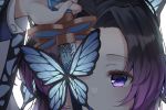  butterfly close inhoya2000 kimetsu_no_yaiba kochou_shinobu purple_eyes purple_hair sword waifu2x weapon 