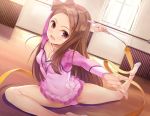  breasts brown_hair cleavage headband idolmaster leotard long_hair minase_iori purple_eyes ribbons skintight sport yokaze_japan 