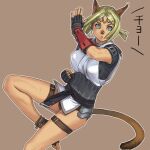  1girl animal_ears avatar_(ff11) bangs black_gloves blonde_hair brown_background cat_ears cat_girl cat_tail clenched_hand final_fantasy final_fantasy_xi fingerless_gloves fingernails gloves light_brown_eyes mithra_(ff11) monk_(final_fantasy) no_eyebrows outline parted_bangs short_hair short_twintails simple_background solo tail thigh_strap toeless_footwear twintails white_outline yuccoshi 