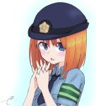  1girl armband bangs blue_eyes blue_headwear blue_neckwear blue_shirt blush brown_hair collared_shirt commentary_request dress_shirt go-toubun_no_hanayome hair_between_eyes hands_together hands_up hat interlocked_fingers kujou_karasuma looking_at_viewer nakano_yotsuba necktie open_mouth own_hands_together police police_hat police_uniform policewoman shirt short_necktie short_sleeves signature solo uniform upper_body 