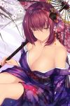  cleavage fate/grand_order feng_mouren kimono no_bra open_shirt scathach_(fate/grand_order) skirt_lift umbrella 
