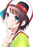  1girl baseball_cap black_hair blue_eyes blush english_text grin hat hololive looking_at_viewer nokachoco114 oozora_subaru ranguage shirt short_hair short_sleeves sideways_hat simple_background smile solo striped striped_shirt upper_body v vertical-striped_shirt vertical_stripes virtual_youtuber white_background 